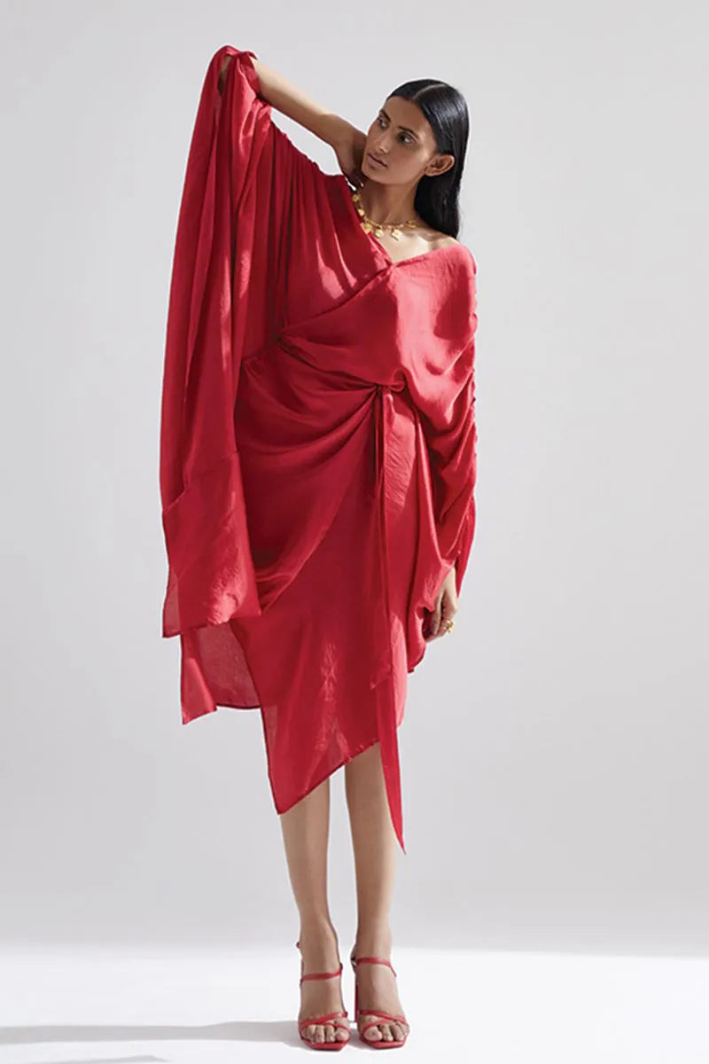 Echo Red Peony Draped Dress